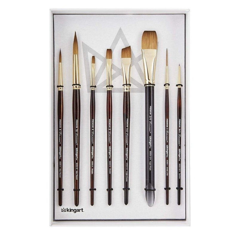KINGART 1010A Premium 8 Pc. Finesse Watercolor Artist Brush Set, Synthetic Kolinsky Sable for Watercolor, Gouache, Oil, and Acrylic Paints, Short Handle, Gift Boxed, Set of 8 - Image 1